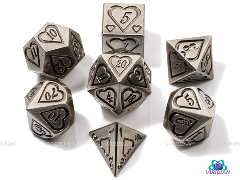 Iron Heart | Silver Heart Design Metal Dice Set (7) | Dungeons and Dragons (DnD) | Tabletop RPG Gaming