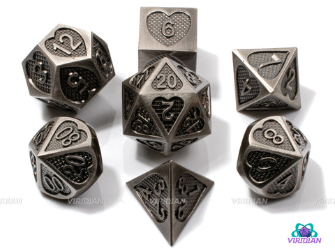 Silver Heart | Textured Design Metal Dice Set (7) | Dungeons and Dragons (DnD) | Tabletop RPG Gaming