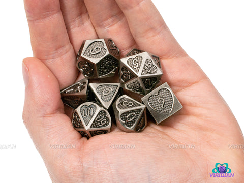 Silver Heart | Textured Design Metal Dice Set (7) | Dungeons and Dragons (DnD) | Tabletop RPG Gaming