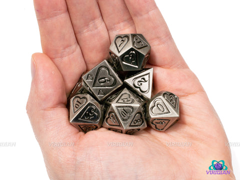 Iron Heart | Silver Heart Design Metal Dice Set (7) | Dungeons and Dragons (DnD) | Tabletop RPG Gaming