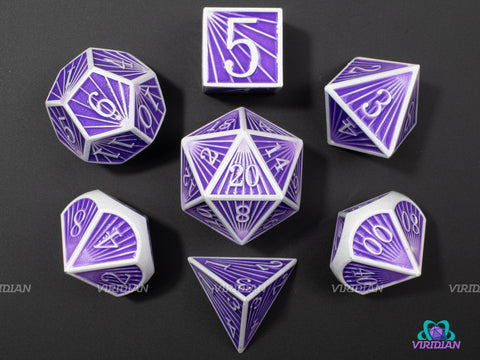 Purple Ray | Royal Purple and White Ray Striped Style | Metal Dice Set (7)