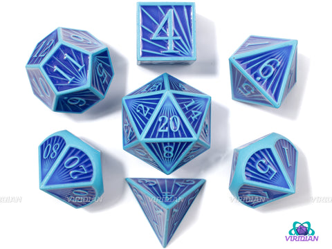 Ocean Rays | Blue and Light Blue Ray Striped Style | Metal Dice Set (7)