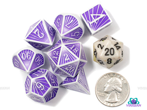 Purple Ray | Royal Purple and White Ray Striped Style | Metal Dice Set (7)