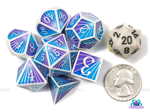 Ranni's Rays | Purple and Blue Ray Striped Style | Metal Dice Set (7)