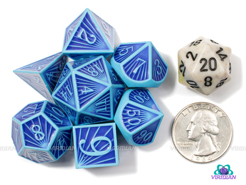 Ocean Rays | Blue and Light Blue Ray Striped Style | Metal Dice Set (7)