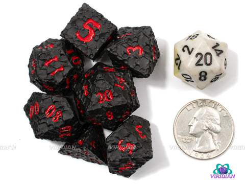 Space Horror | Cratered Design | Black Cosmic-Asteroid Style, Blood Red Ink | Metal Dice Set (7)