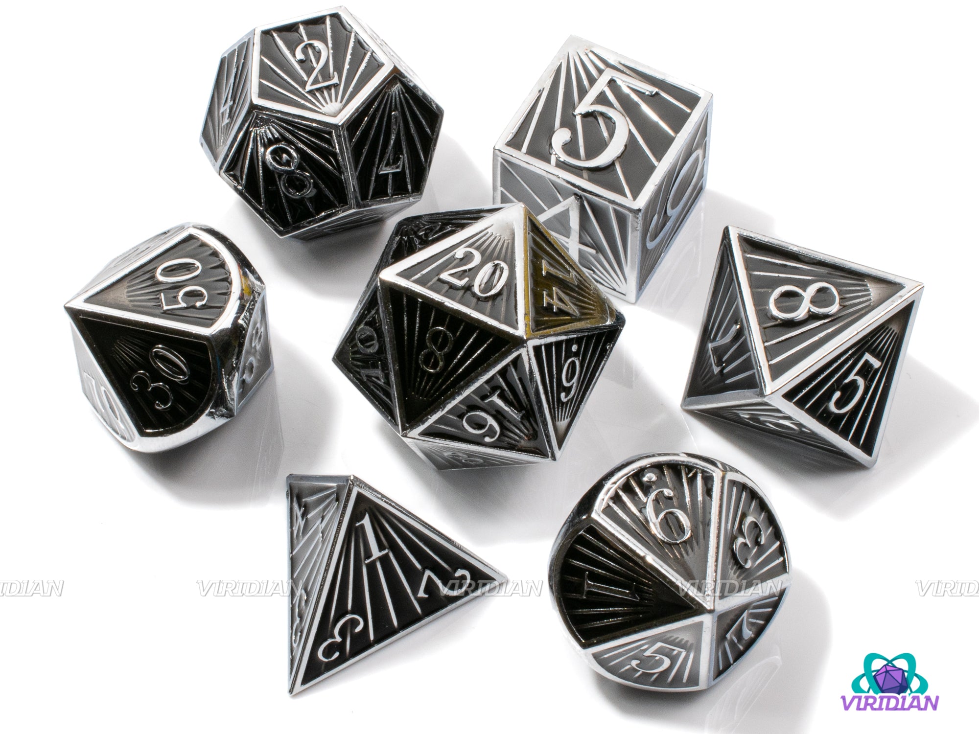 Holy Blade | Silver & Black Ray Striped Style | Metal Dice Set (7)
