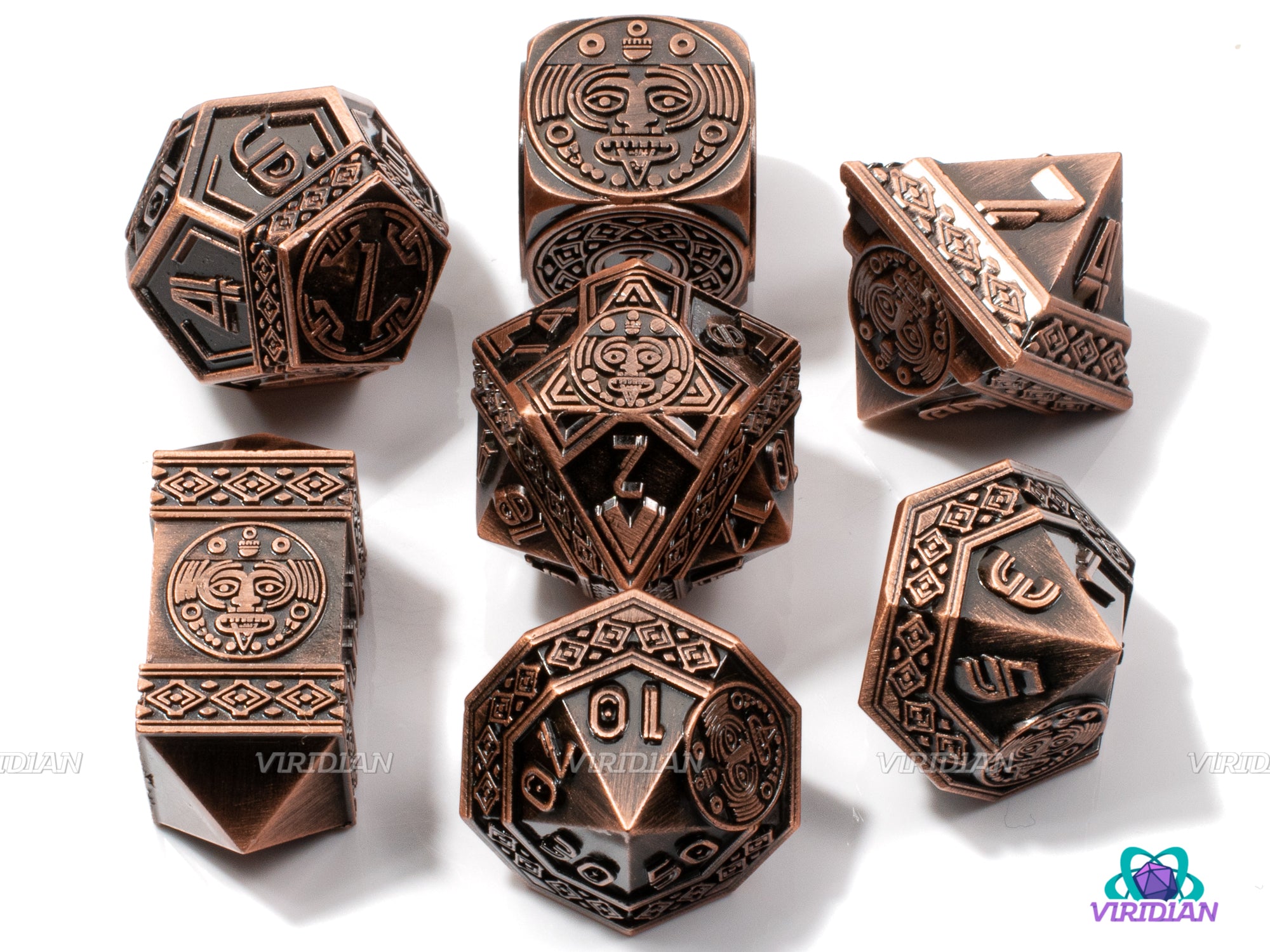 The Altar | Copper Red-Brown | Aztec Ancient Civilization Style | Metal Dice Set (7)