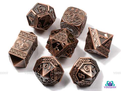 The Altar | Copper Red-Brown | Aztec Ancient Civilization Style | Metal Dice Set (7)
