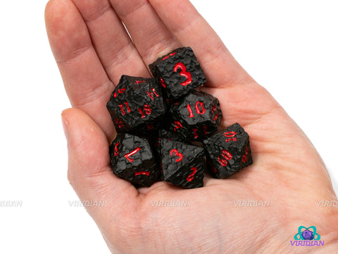 Space Horror | Cratered Design | Black Cosmic-Asteroid Style, Blood Red Ink | Metal Dice Set (7)