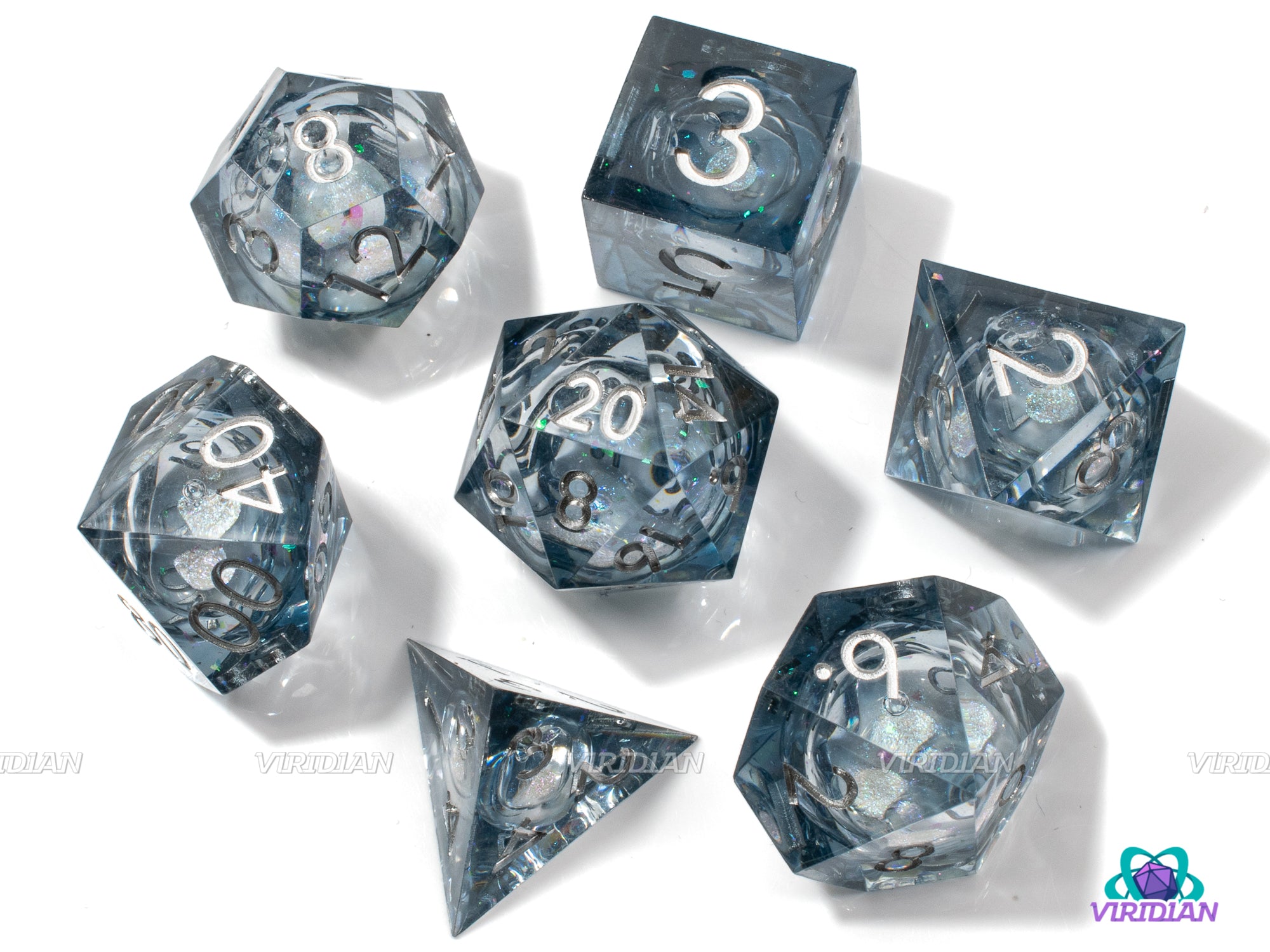 Full Moon (Liquid Core) | Black/Gray Sharp-Edged | Resin Dice Set (7)   Viridian Dice