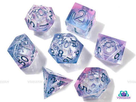 Ursula | Liquid-Filled Core Purple, Blue & Pink Sharp-Edged | Resin Dice Set (7)