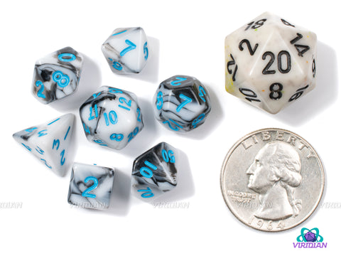 Mini Marbled | White & Black Marble Swirled | Tiny Polyhedral Dice Set (7)
