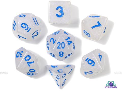 Winter Winds | Sparkly White with Blue Text Glittery Resin Dice Set (7) | Dungeons and Dragons (DnD)