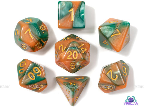 Ireland | Green and Orange Swirled Acrylic Dice Set (7) | Dungeons and Dragons (DnD)