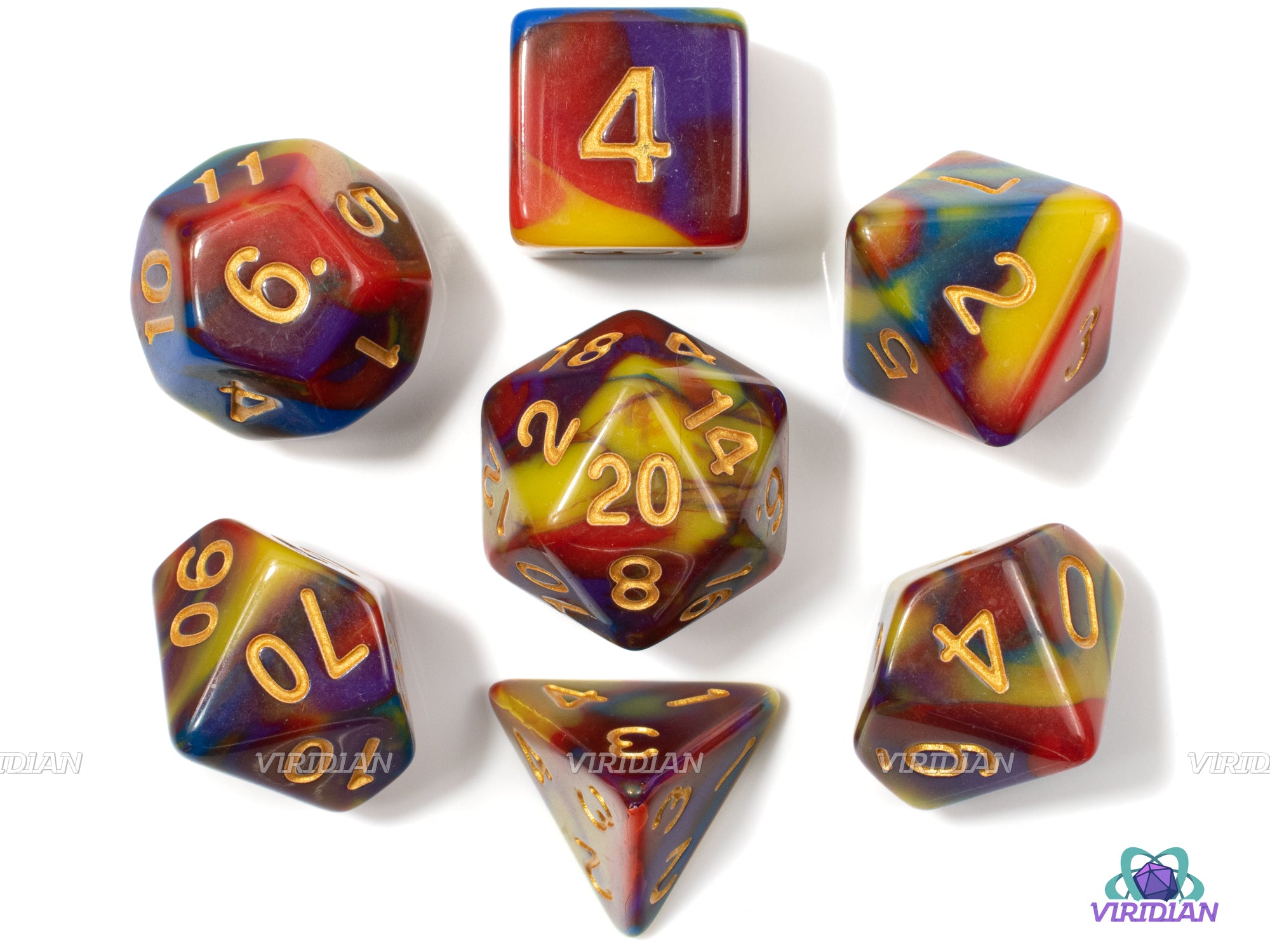 Melted Crayon | Red, Blue, Yellow, Purple Swirled Acrylic Dice Set (7) | Dungeons and Dragons (DnD)