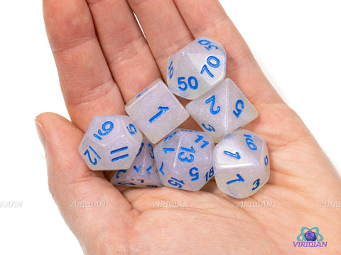 Winter Winds | Sparkly White with Blue Text Glittery Resin Dice Set (7) | Dungeons and Dragons (DnD)