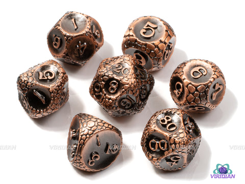 Earth Elemental | Bright Red-Copper Rocky Stone Design | Metal Polyhedral Dice Set (7)