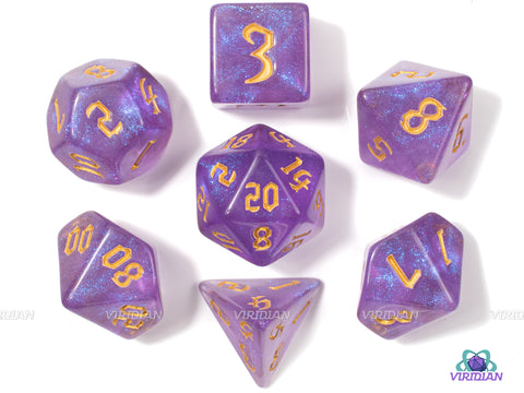 Orbuculum | Purple, Glittery | Gothica Font | Acrylic Dice Set (7) | Polyhedral Set