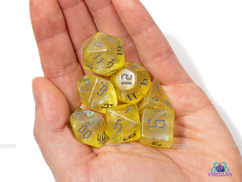 Hivemind | Dark Yellow, Gray Glittery | Gothica Font | Acrylic Dice Set (7) | Polyhedral Set
