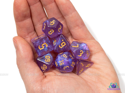 Orbuculum | Purple, Glittery | Gothica Font | Acrylic Dice Set (7) | Polyhedral Set