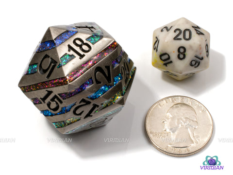 Rainbow Stripes Chonk D20 | Brushed Silver, Multi Colored Mica Stripes | 33mm Oversized Metal D20 (1)