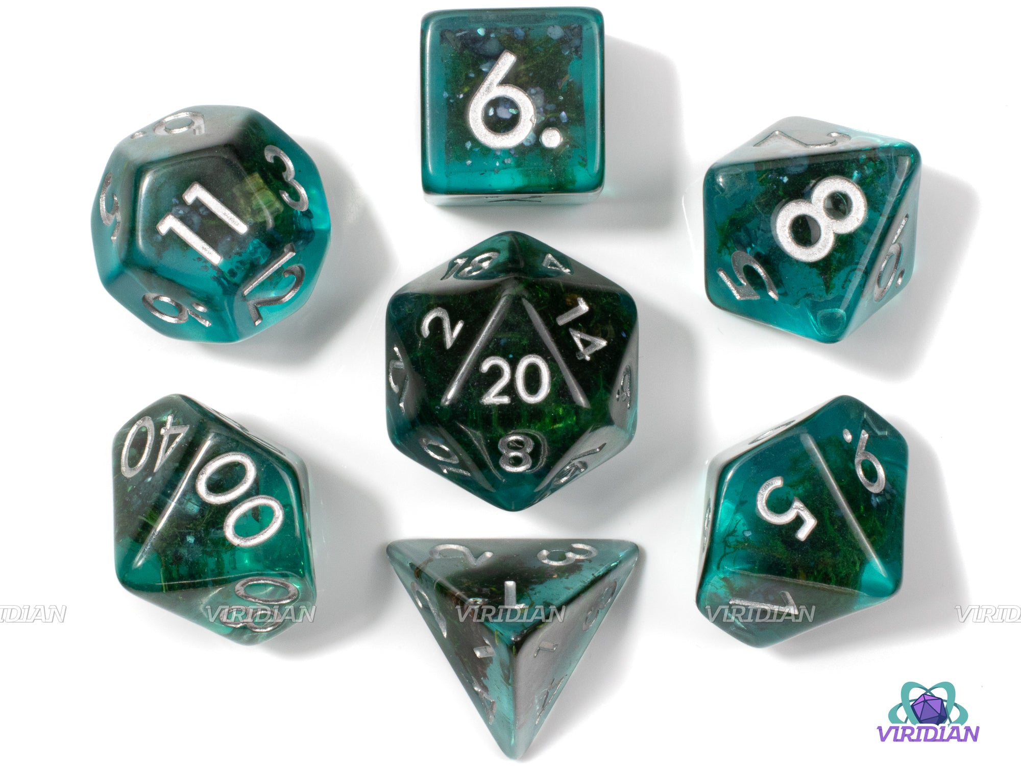 Seafallen | Blue with Green Moss Filled Resin Dice Set (7) | Dungeons and Dragons (DnD)
