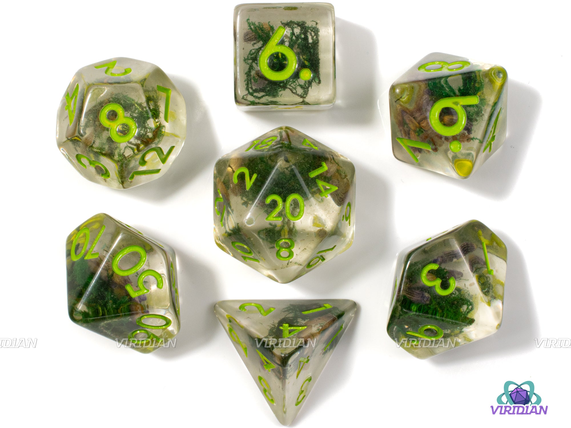 Swamp Thing | Clear With Green Moss Filled Resin Dice Set (7) | Dungeons and Dragons (DnD)