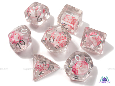 Pink Cat | Charm Inside Clear Resin Dice Set (7) | Dungeons and Dragons (DnD)