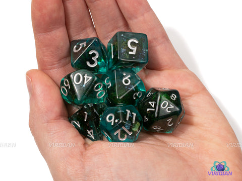 Seafallen | Blue with Green Moss Filled Resin Dice Set (7) | Dungeons and Dragons (DnD)