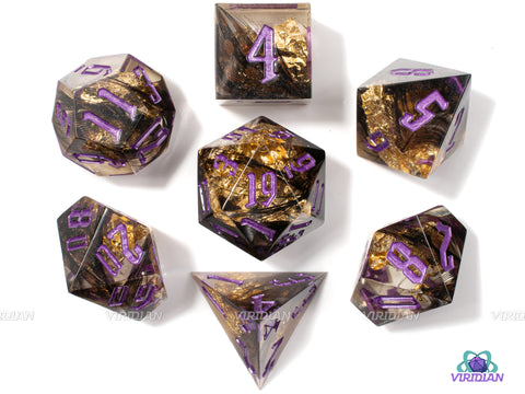 Raven's Omen | Sharp-Edged w/ Gold Foil and Light Purple Ink, Black Feather | Resin Dice Set (7)