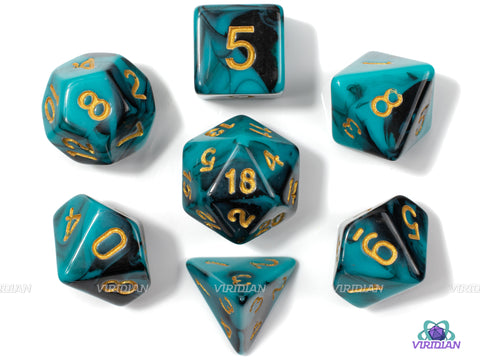 Teal Abyss | Opaque Light Green-Blue and Black Swirls | Acrylic Dice Set (7)