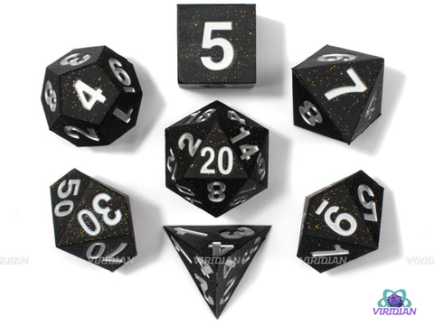 Gold Scatter (Silicone) | Black with Gold Glittery Sharp Edge, Bouncy | Silicone Dice Set (7) | Metallic Dice Games
