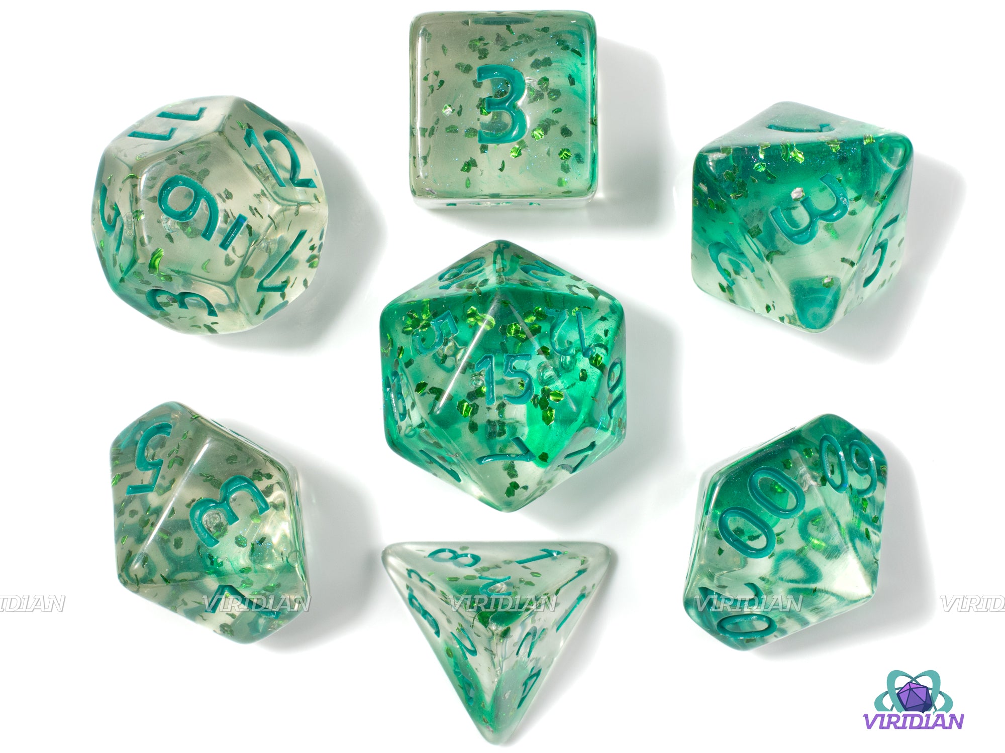 Green With Envy | Translucent and Green Glitter Splatter | Clear Resin Dice Set (7)
