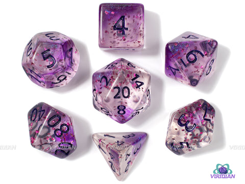 Purple Palooza | Translucent and Purple Glitter Splatter | Clear Resin Dice Set (7)
