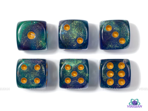 Pipped D6's | Glittery Set of (6) D6s | Green Blue Brown Applesauce Teal Aqua