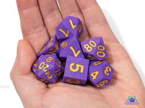 Regal Ricochet (Silicone) | Royal Purple, Gold Numbers, Glittery Sharp Edge, Bouncy | Silicone Dice Set (7) | Metallic Dice Games