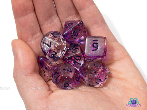Purple Palooza | Translucent and Purple Glitter Splatter | Clear Resin Dice Set (7)