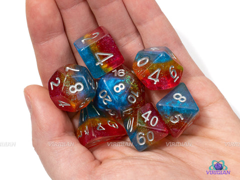 Sparkly Pansexual Pride | Shiny Pink, Yellow, Cyan Glittery Pan Flag LGBTQ+ Themed | Resin Dice Set (7)