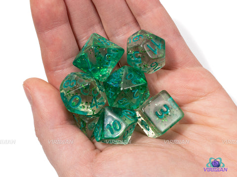 Green With Envy | Translucent and Green Glitter Splatter | Clear Resin Dice Set (7)