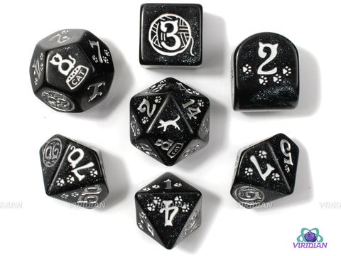 Cats: Waffle | Shimmering Black and Silver Cat Themed Dice Set (7) | Q Workshop