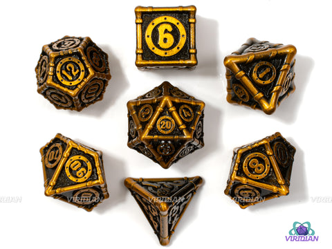 Olympus Heights | Shiny Gold Pipe Fixture Design | Metal Dice Set (7)