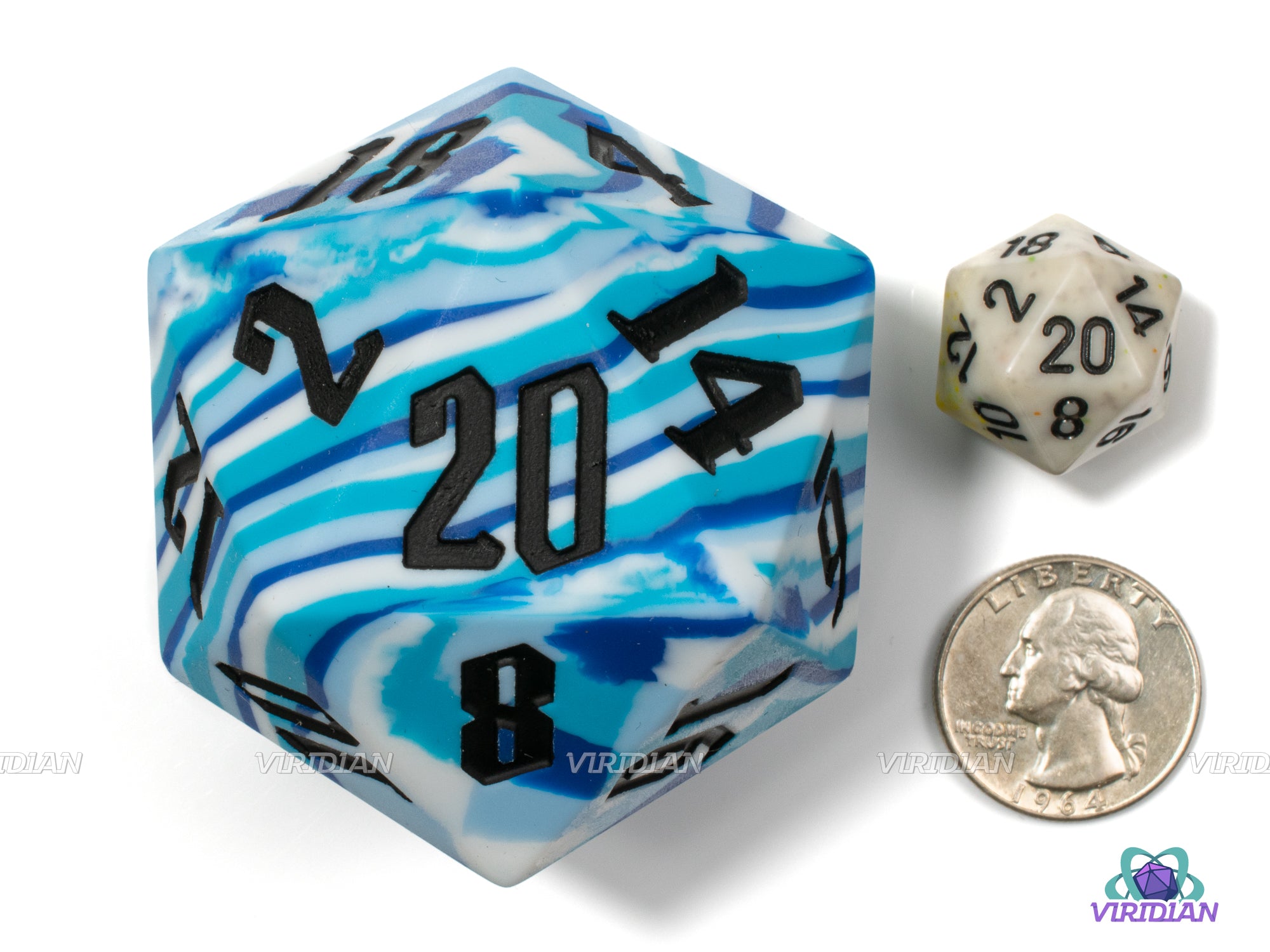 Arctic Camouflage (Silicone) | Blue, White and Aqua w Black Numbers | 55mm Rubber Silicone Bouncy | Giant D20 Die (1)