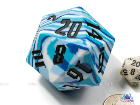 Arctic Camouflage (Silicone) | Blue, White and Aqua w Black Numbers | 55mm Rubber Silicone Bouncy | Giant D20 Die (1)