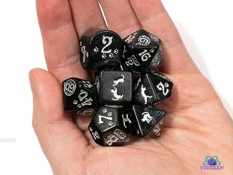 Cats: Waffle | Shimmering Black and Silver Cat Themed Dice Set (7) | Q Workshop