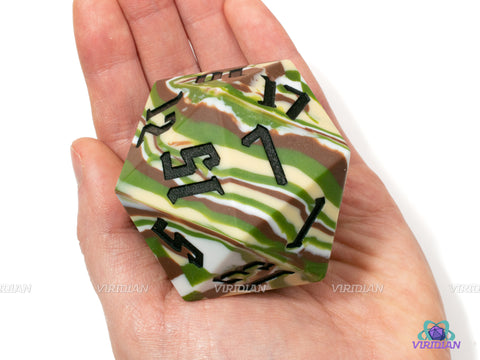 Woodland Camouflage w Black (Silicone) | 55mm, Green Tan Brown and White, Rubber Silicone, Bouncy | Giant D20 Die (1)