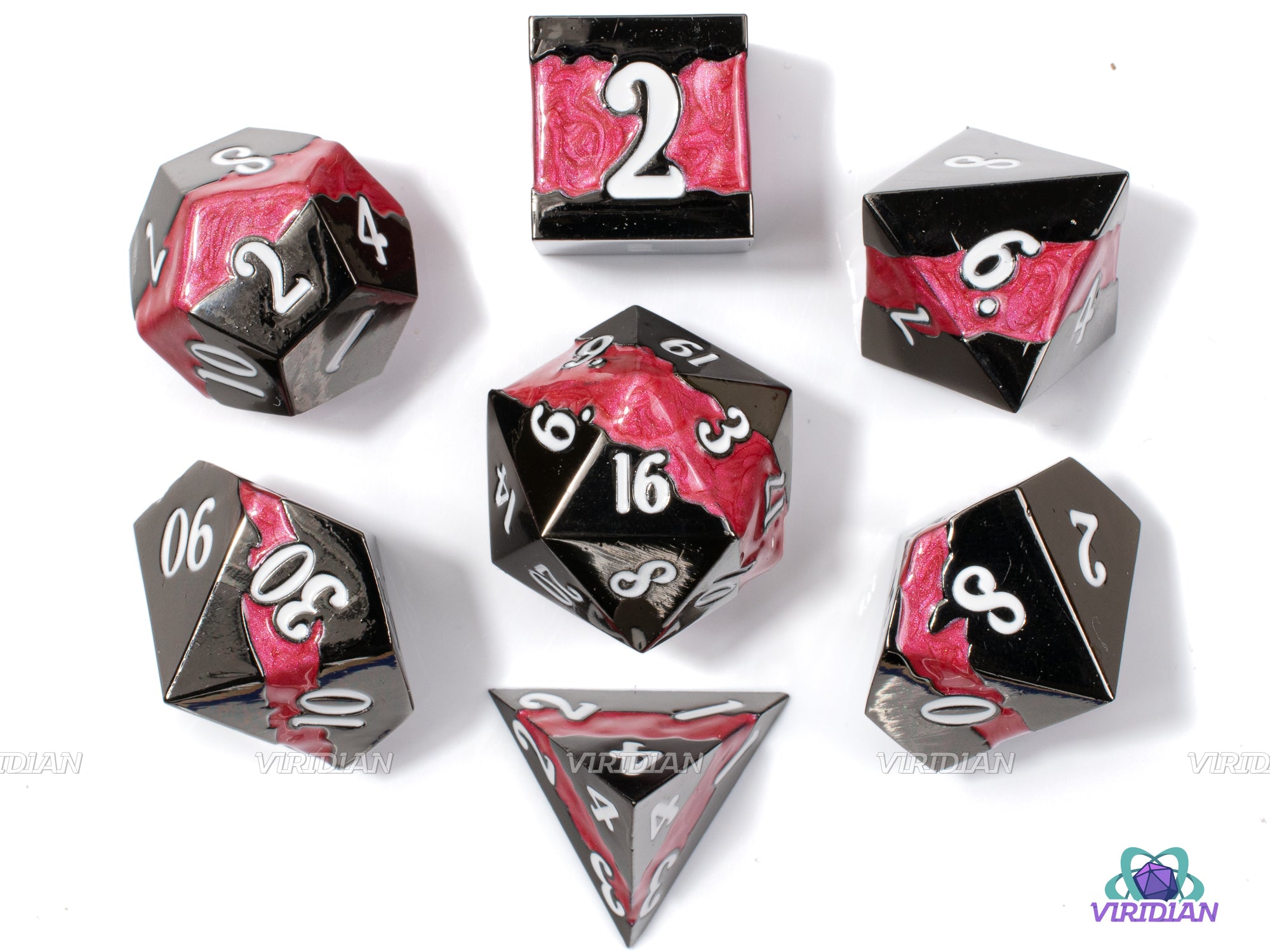 Strawberry Treat | Thicc Stripe, Shiny Black-Silver with Red Stripe | Metal Dice Set (7)
