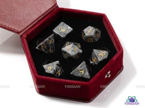 Gray Moonstone | Gray & Black w Inclusions, Gold Ink | Real Gemstone Dice Set (7)