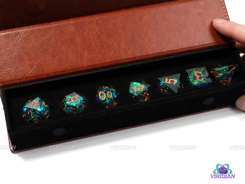 Holographic Envy | Translucent Dark Green, with Bright Green Holographic Foil and Gold Ink, Sharp Edged | Resin Dice Set (7)