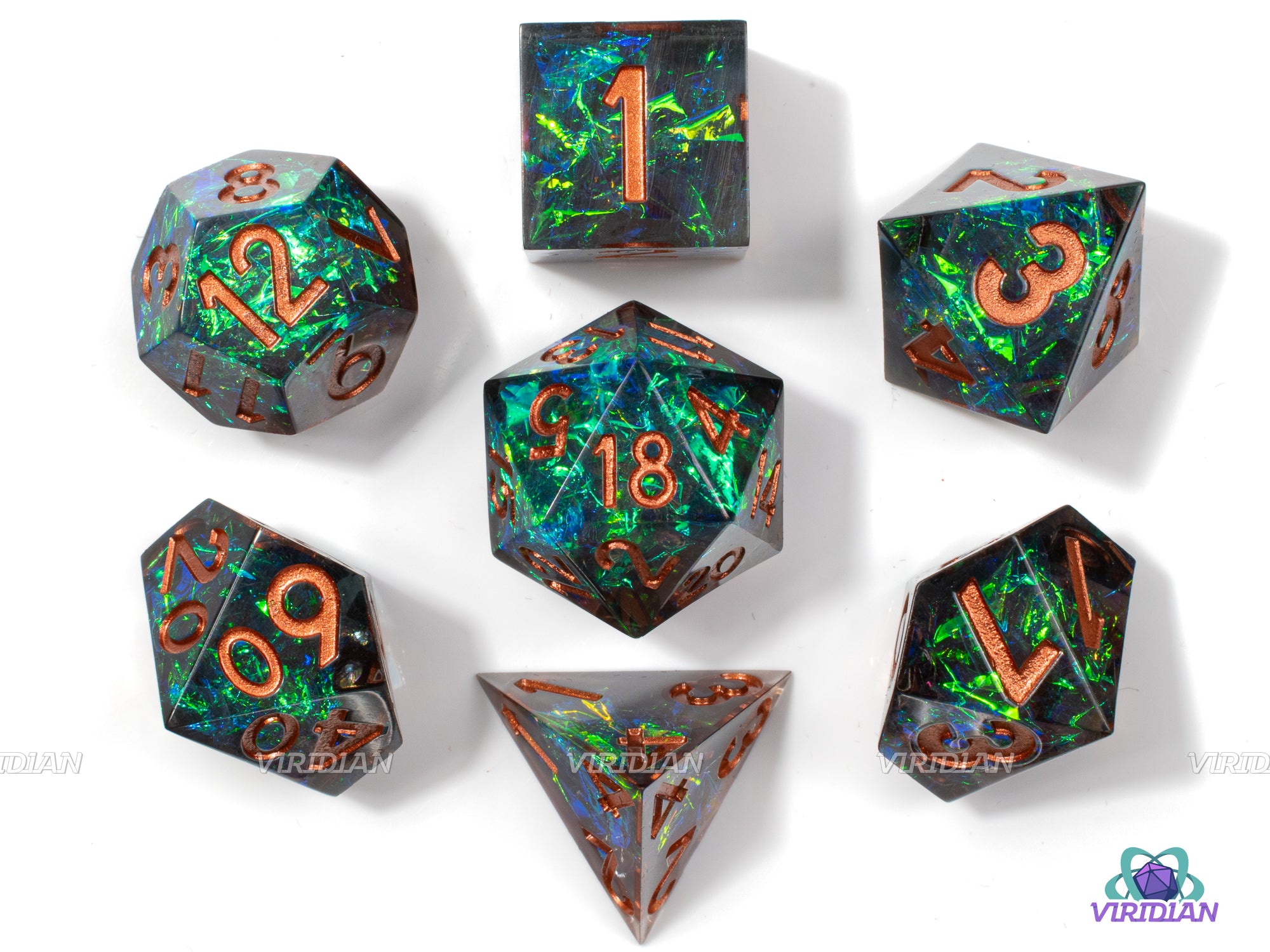 Holographic Envy | Translucent Dark Green, with Bright Green Holographic Foil and Gold Ink, Sharp Edged | Resin Dice Set (7)